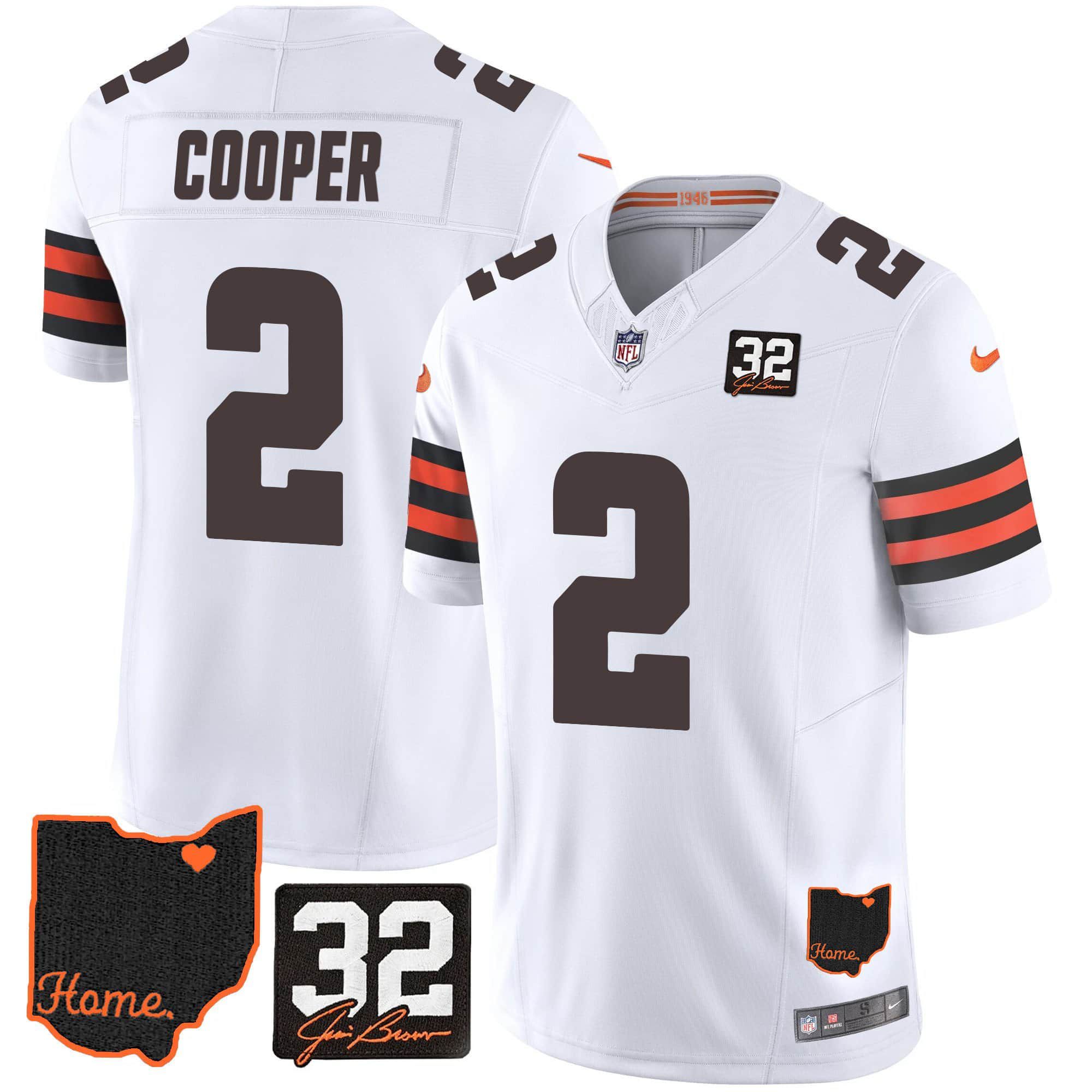 Men Cleveland Browns #2 Cooper White Memorial Home Patch 2024 Nike NFL Jersey